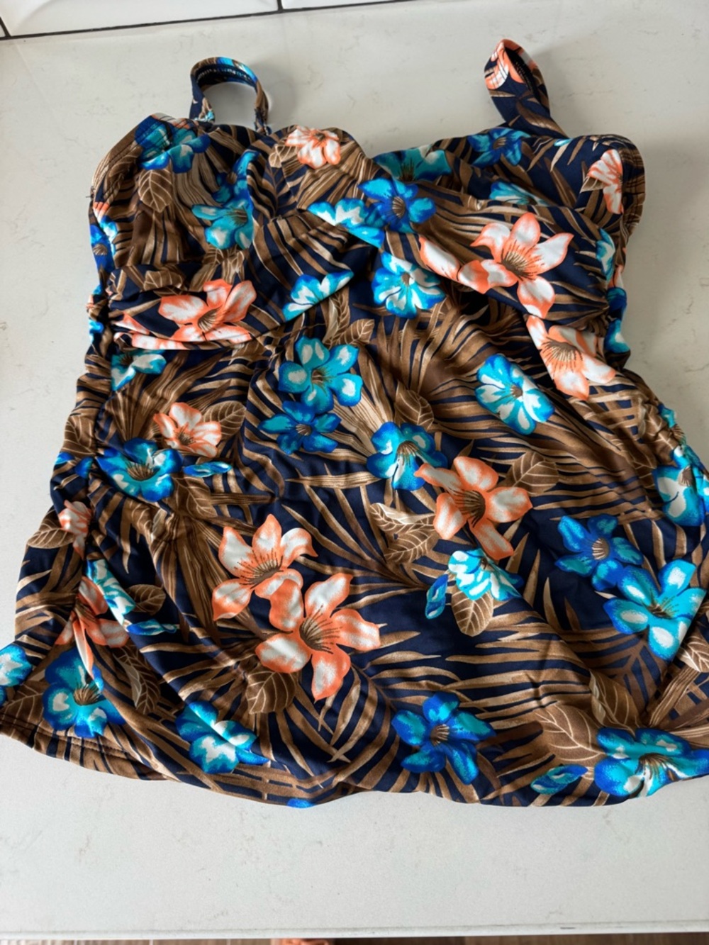 Lands' End Floral Navy Blue Brown Tankini Top with Teal and Coral Flowers